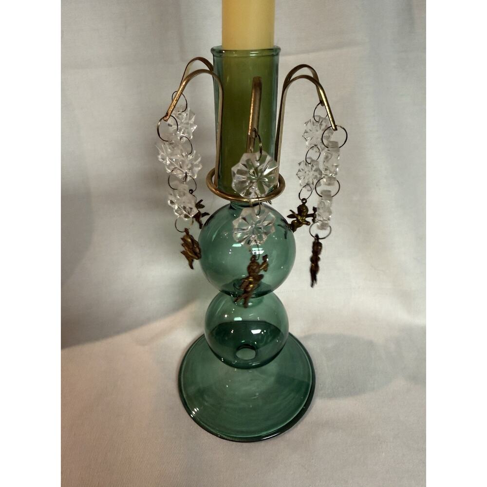 Green Glass Candlestick Adorned with a vintage Bronze Cherub Candle Ring
